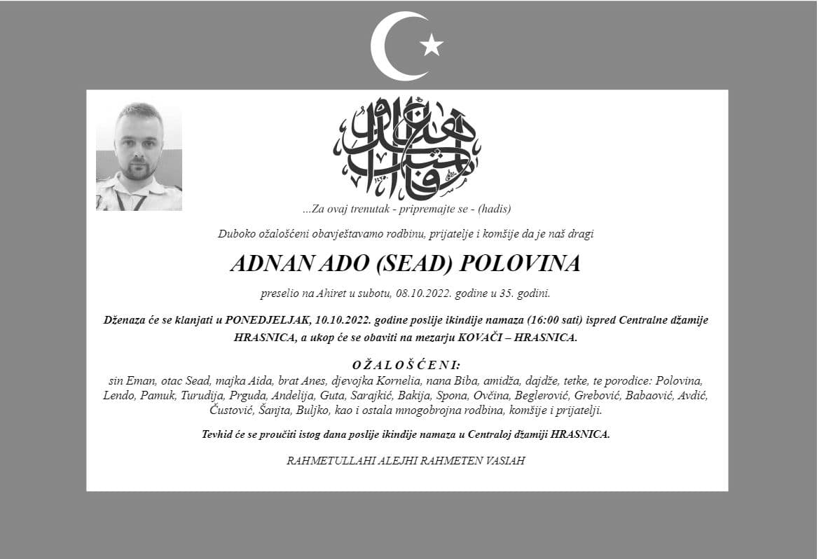Poznat termin dženaze preminulom policijskom službeniku Adnanu Polovini: Iza njega ostali sin, djevojka i roditelji