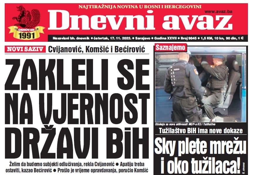 Danas u "Dnevnom avazu" čitajte: Zakleli se na vjernost državi BiH