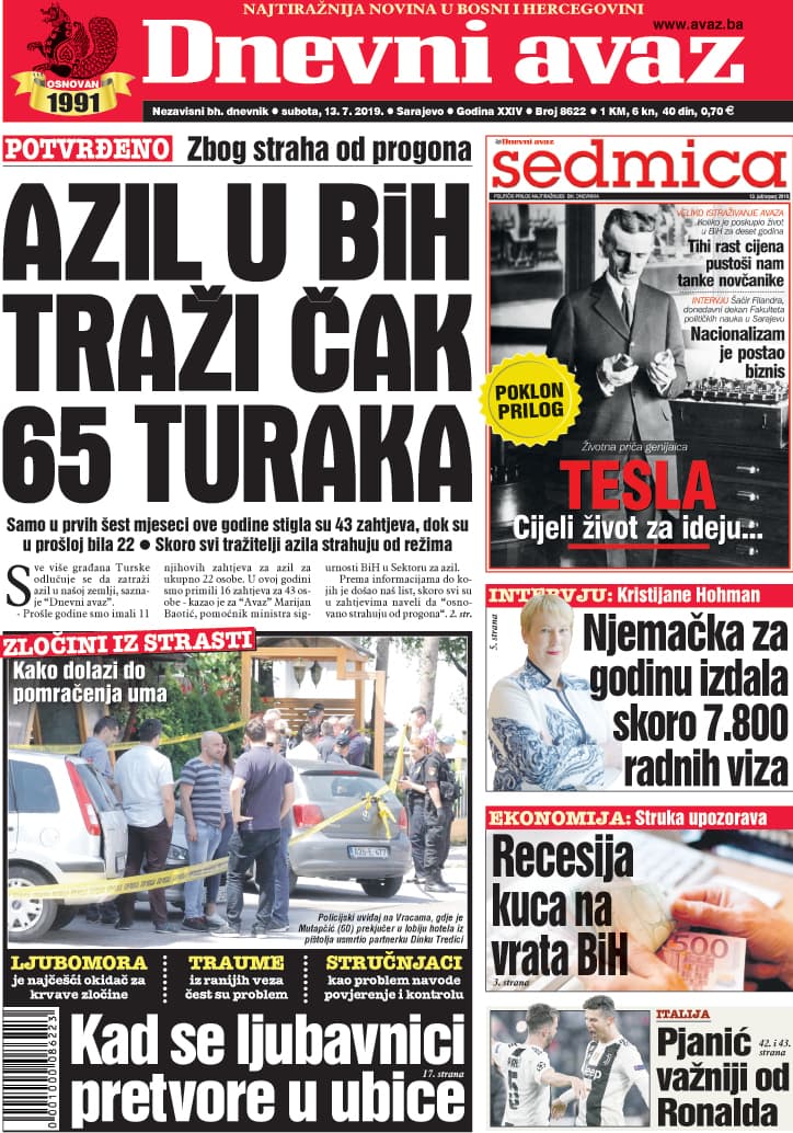 Naslovnica "Dnevnog avaza" za 13.7.2019 - Avaz