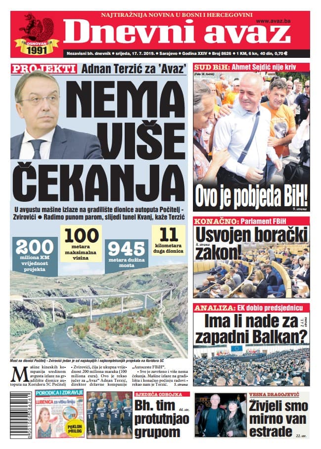 Naslovnica "Dnevnog avaza" - Avaz