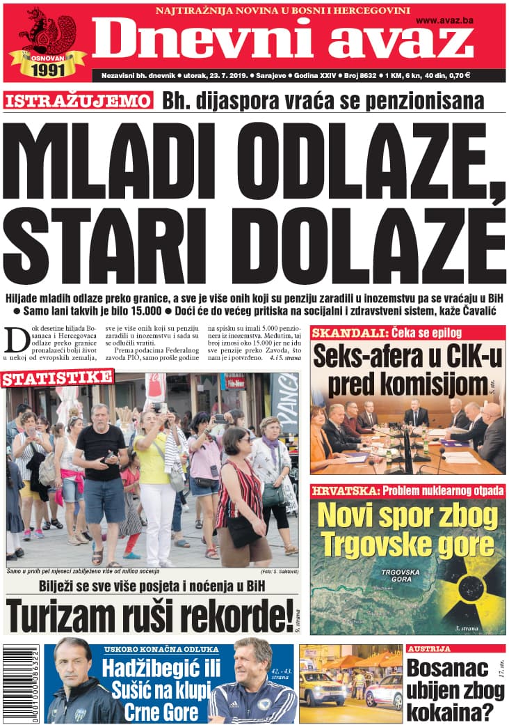 Naslovnica "Dnevnog avaza" za 23.7.2019 - Avaz