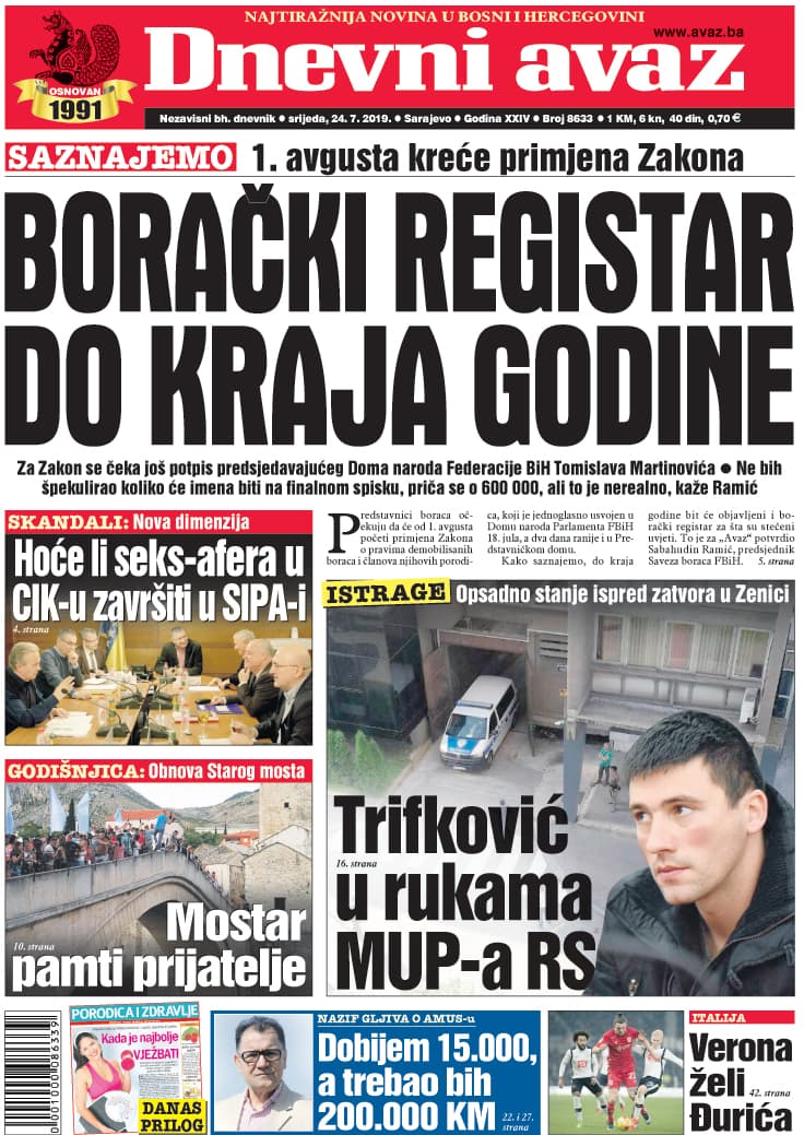 Naslovnica "Dnevnog avaza" za 24.7.2019 - Avaz