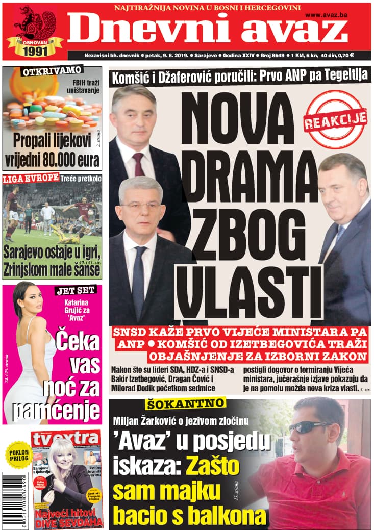 Današnja naslovnica "Dnevnog avaza" - Avaz