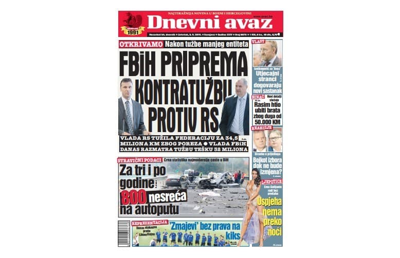 Naslovnica današnjeg "Dnevnog avaza" - Avaz