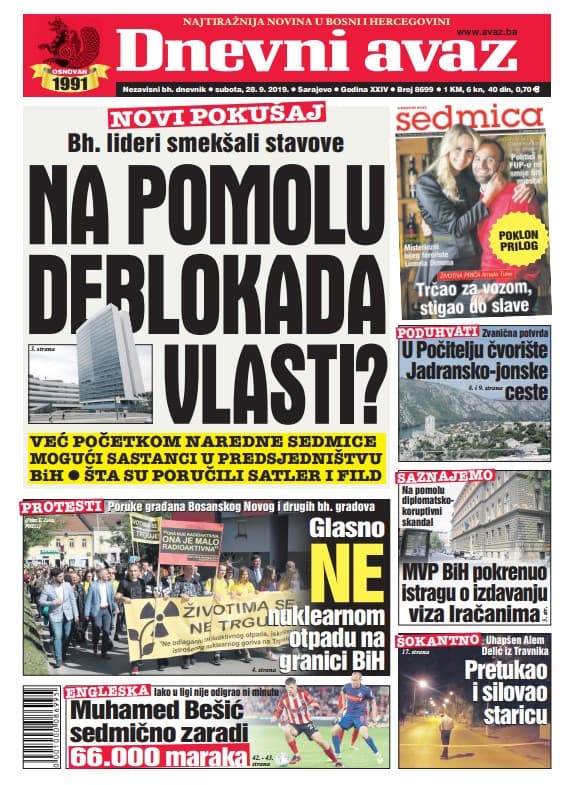 Naslovnica "Dnevnog avaza" - Avaz