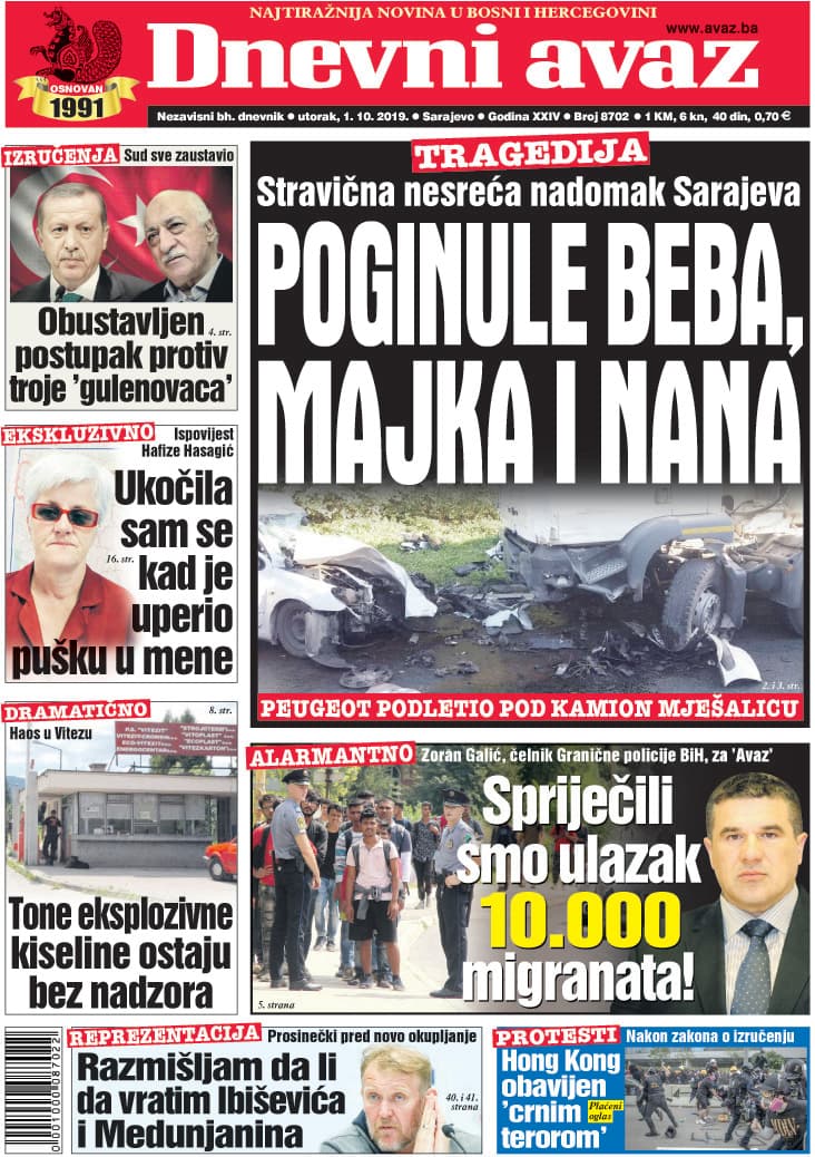 Naslovnica "Dnevnog avaza" za 1. oktobar 2019. - Avaz