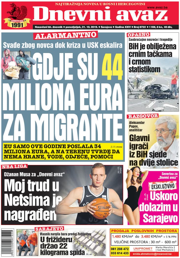 Naslovnica "Dnevnog avaza" za 21.10.2019. - Avaz