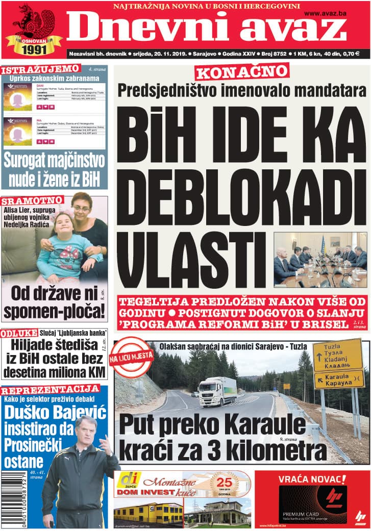 Naslovnica "Dnevnog avaza" za 20. novembar 2019. - Avaz
