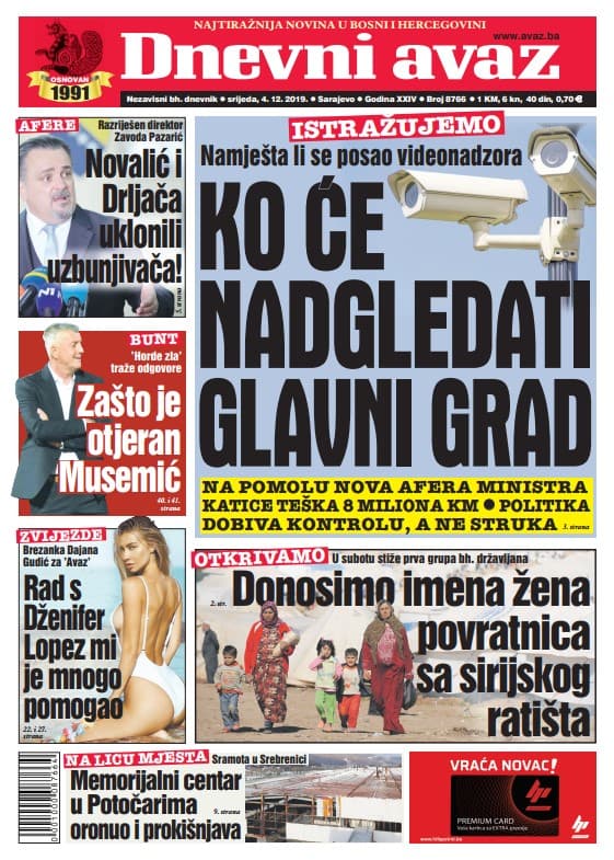 Naslovna strana "Dnevnog avaza" - Avaz