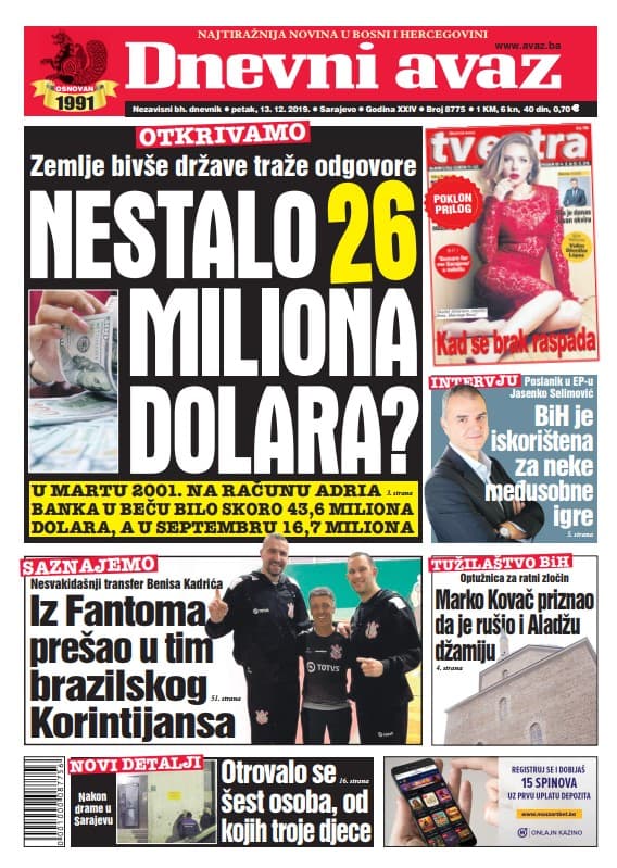 Naslovnica "Dnevnog avaza" za 13.12.2019. - Avaz