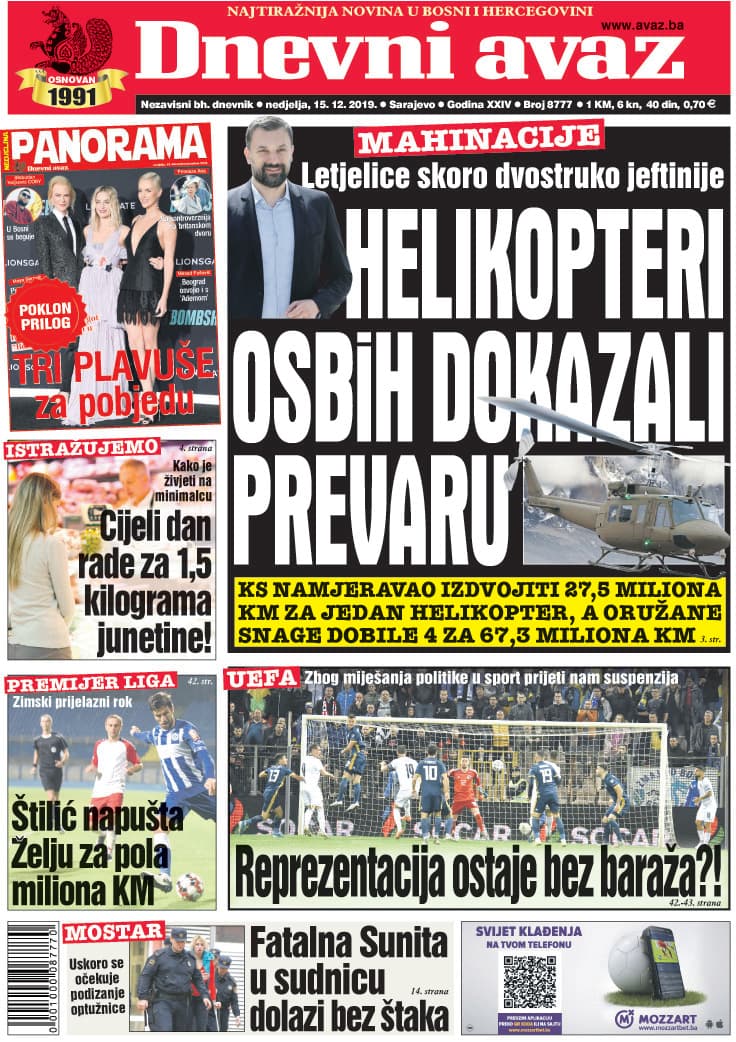 Naslovnica "Dnevnog avaza" za 15. 12. 2019. - Avaz