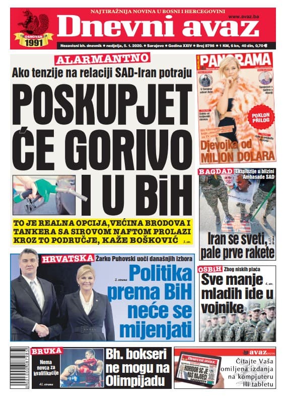 Naslovna strana današnjeg "Dnevnog avaza" - Avaz