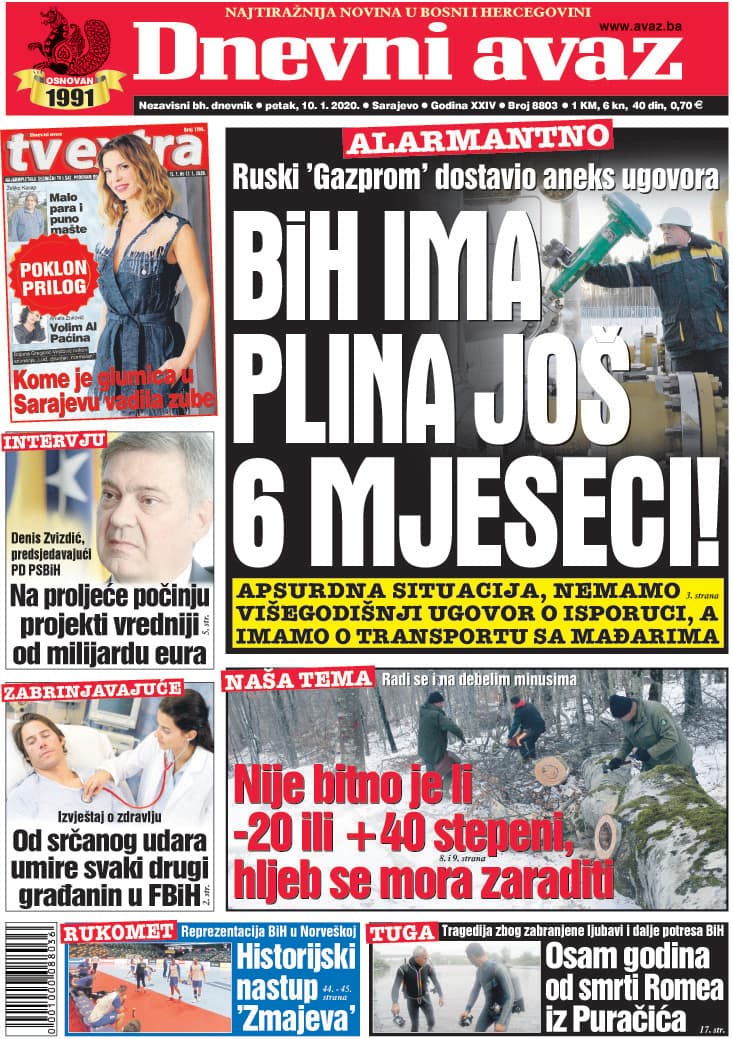 Naslovnica "Dnevnog avaza" za 10.01.2020. - Avaz
