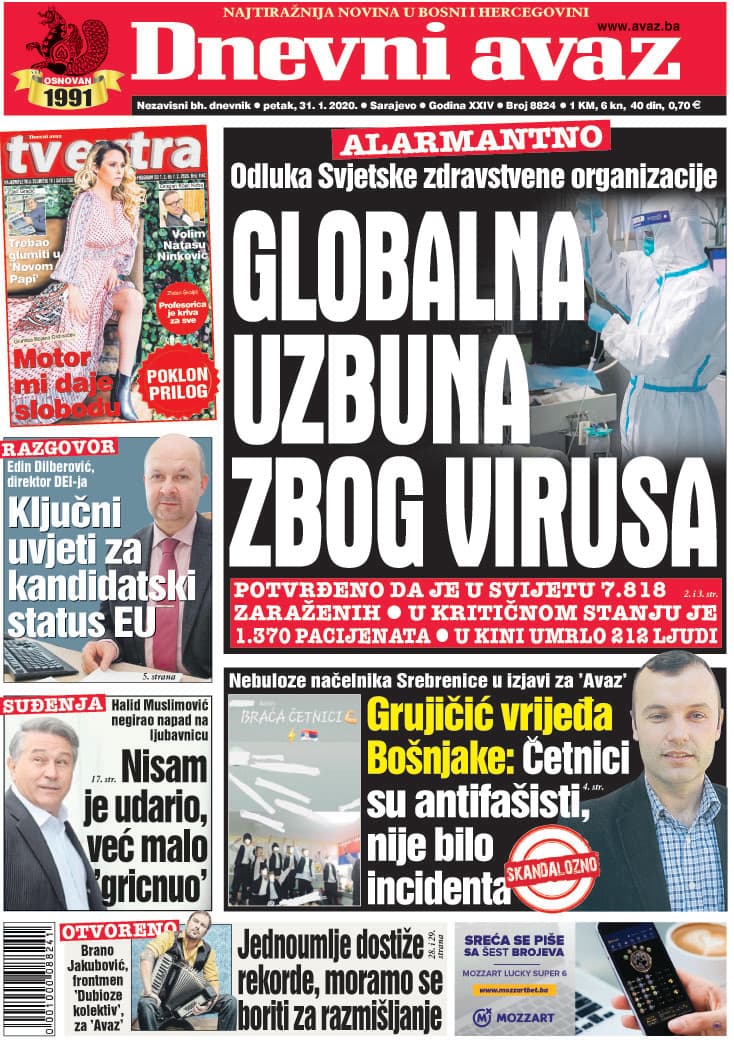 Naslovnica "Dnevnog avaza" za 31. 1. 2020. - Avaz