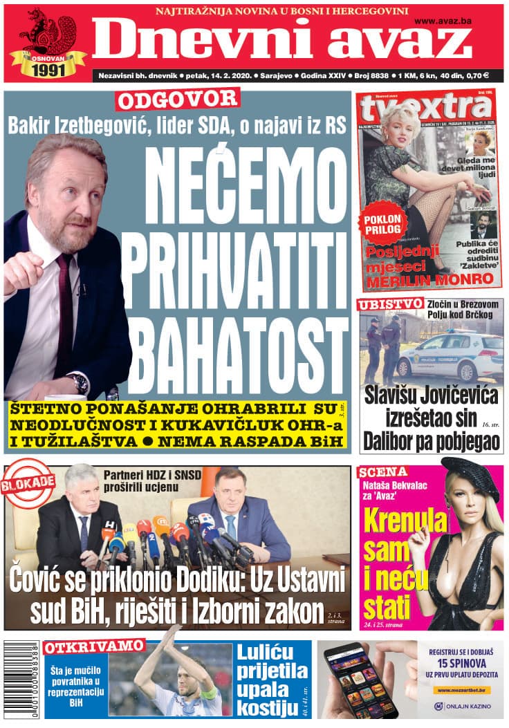 Naslovnica "Dnevnog avaza" za 14. februar 2020. - Avaz