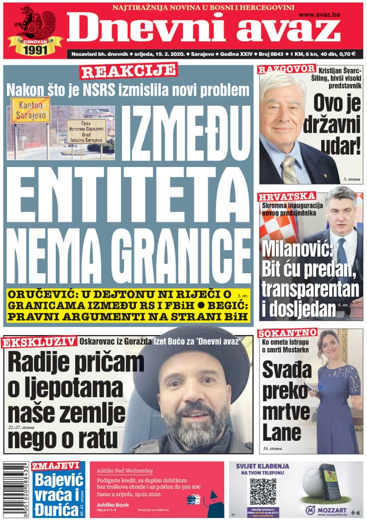 Naslovnica "Dnevnog avaza" za 19.02.2020. - Avaz