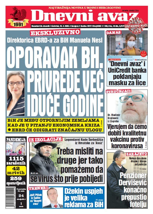 Današnja naslovnica printanog izdanja - Avaz
