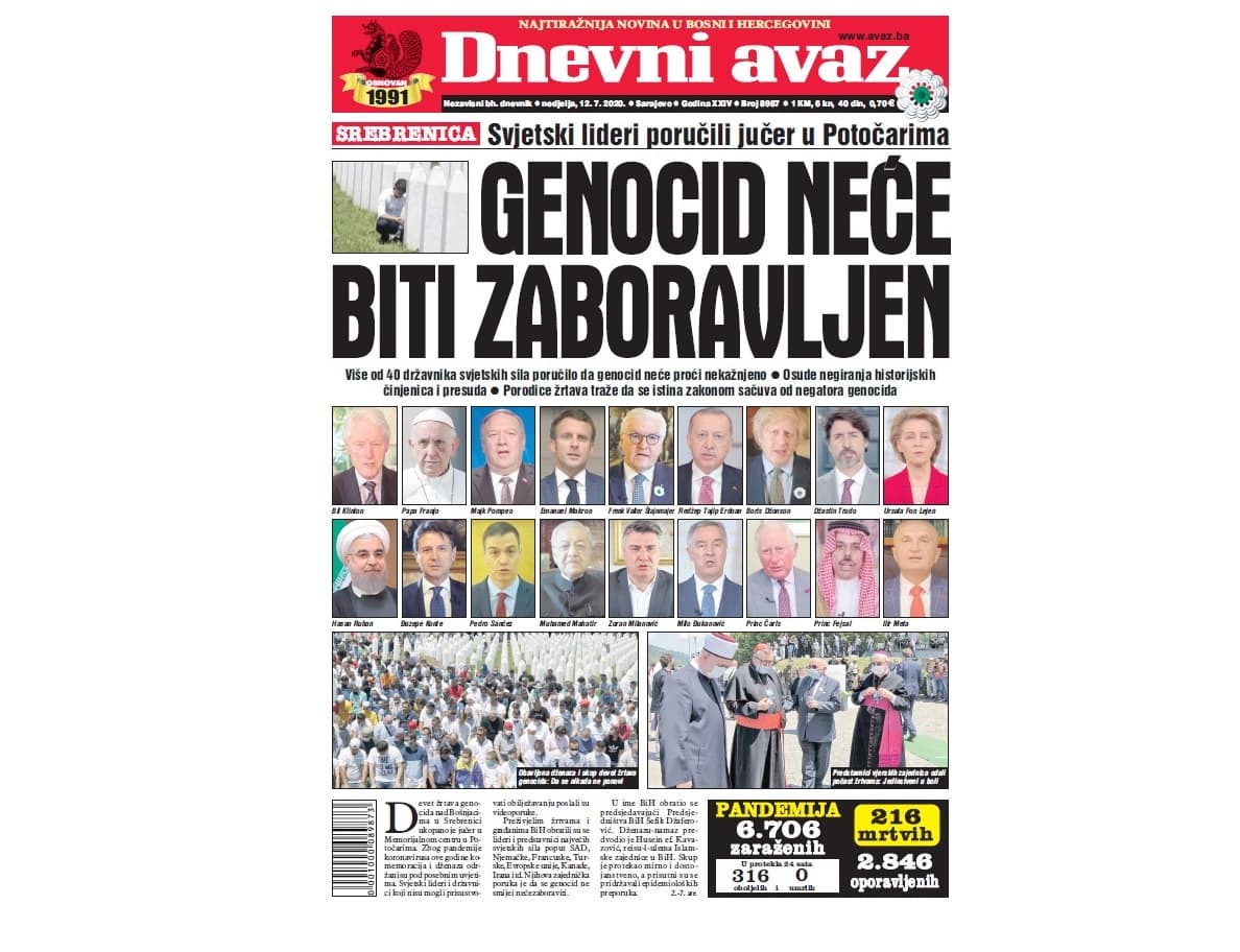 Današnja naslovnica "Dnevnog avaza" - Avaz