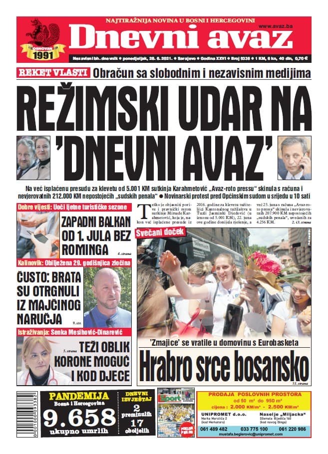 Naslovnica "Dnevnog avaza" - Avaz