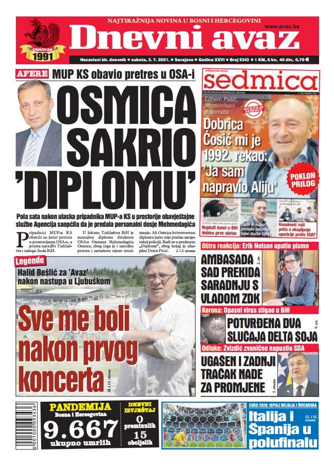 Naslovnica "Dnevnog avaza" - Avaz