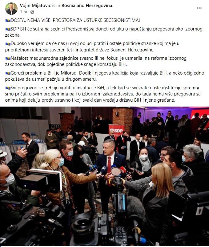 Objava Mijatovića na Facebook-u - Avaz